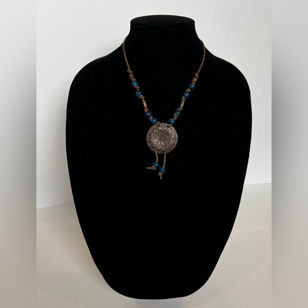 Vintage Brown Leather Rope Necklace Blue Beads with Brown Design Metal Pendant